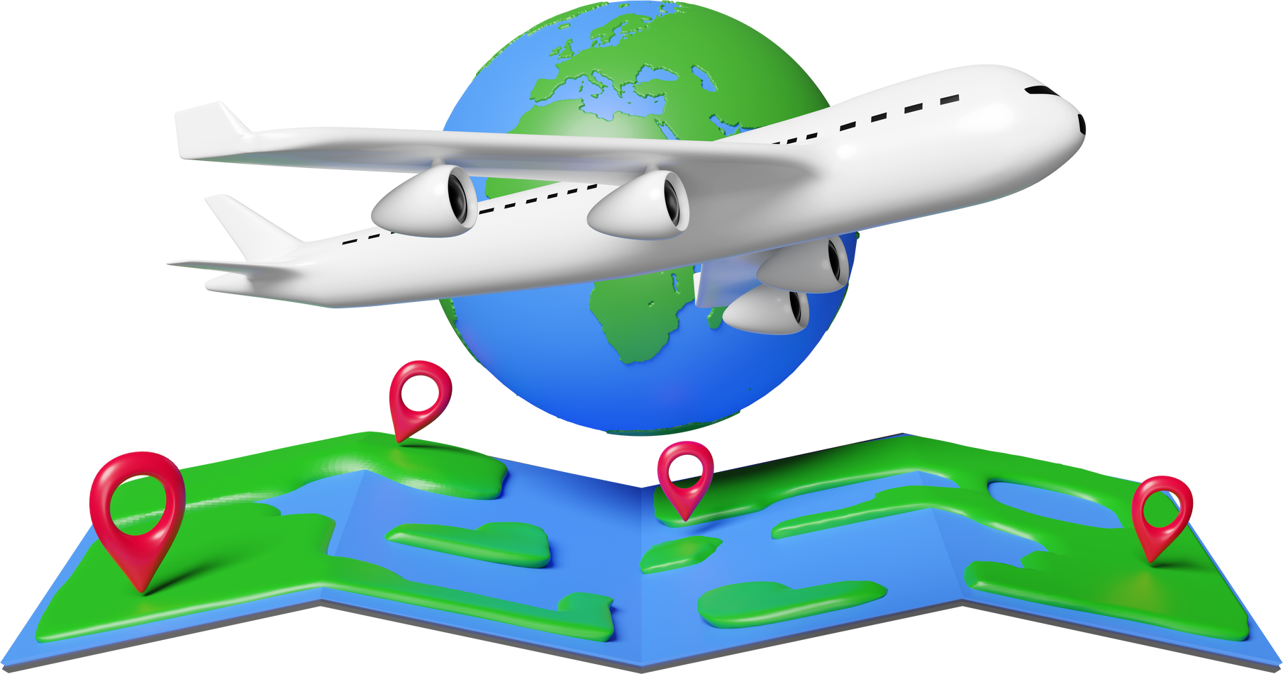 Travel world map with passenger plane, pin isolated. air cargo trucking, travel around the world concept, 3d illustration or 3d render